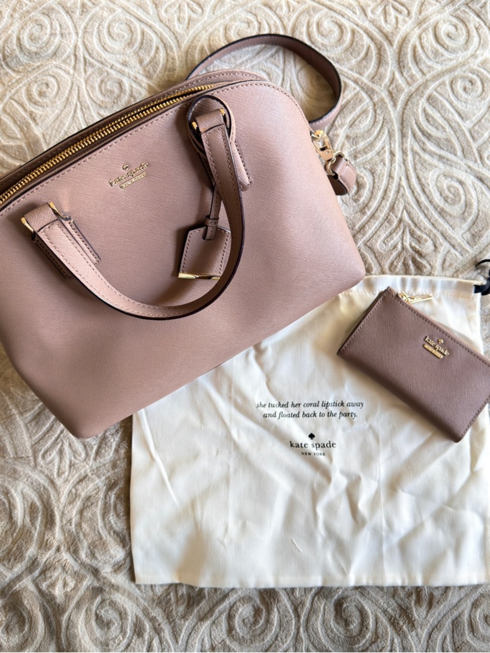 kate spade Tan Saffiano Dome Satchel with Matching Card Wallet